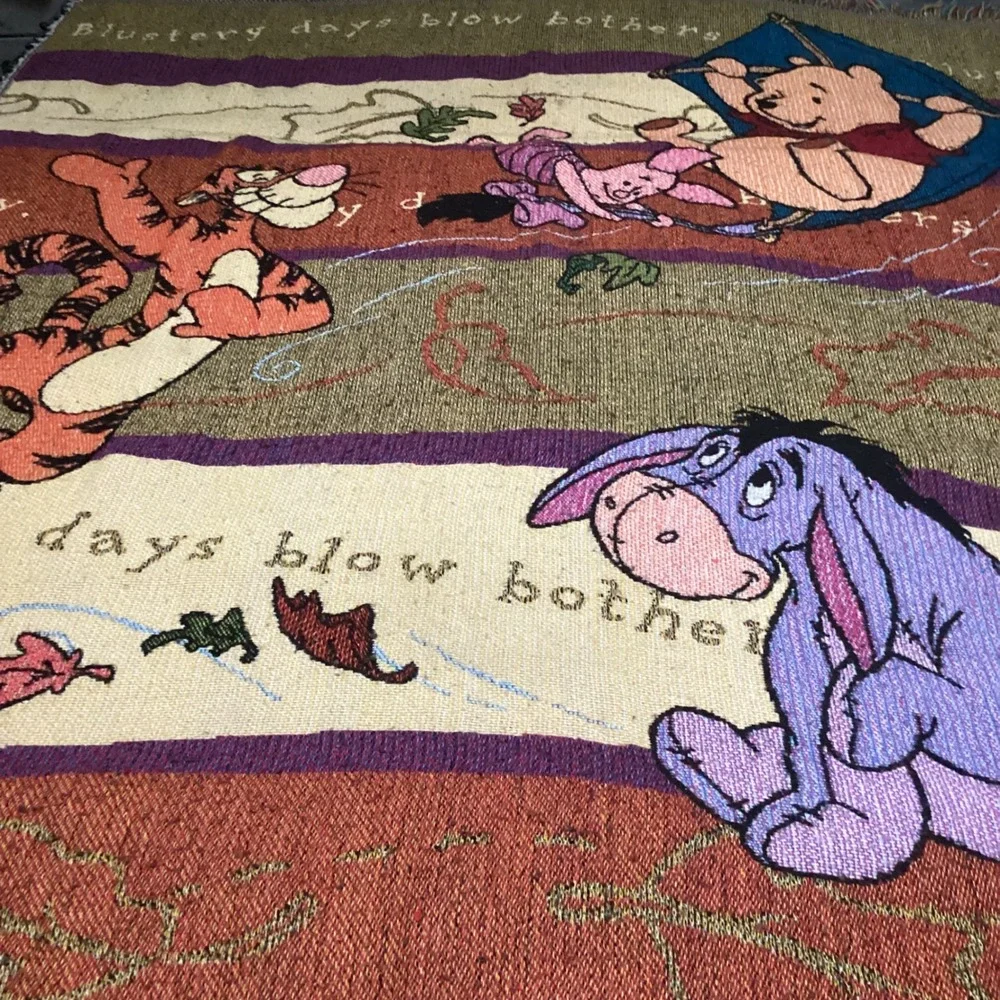 Vintage Disney Winnie the Pooh Blustery Day Woven Tapestry Throw Blanket 52x46